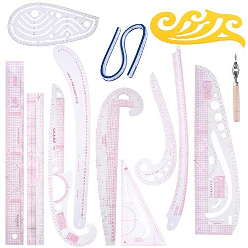 13Pcs DIY Styling Ruler Sets Plastic Metric Ruler Set Sleeve Arm French Curve Rulers Measure Plastic Cutting Ruler Sew Drawing Template Fashion Design Craft Sewing Tools for Dressmaking Tailoring