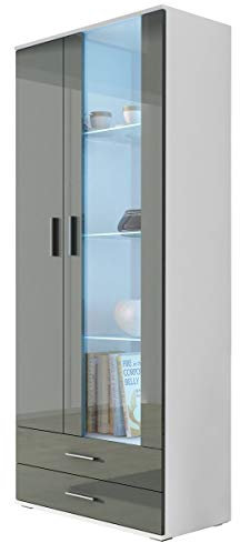 Vitrine mit Blauer LED Beleuchtung SOHO S6 Vitrinenschrank Standvitrine Stauraumvitrine Glasvitrine Schrank Wohnzimmerschrank (Weiß/Grau Hochglanz)