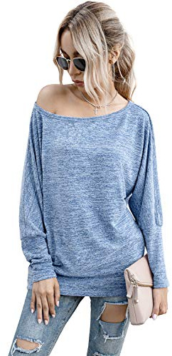 es-uk Dam båt hals droppe axel fladdermusvinge långärmad jumper lös passform tröja pullover topp, BLÅ, XL