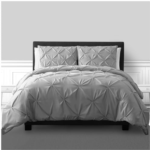 GC GAVENO CAVAILIA Pintuck Diamond Bedding Set - King Size Duvet Cover with Pillowcases - Super Soft Lightweight Bed Linen, Breathable & Easy Care Pinch Pleat Quilt Cover, Silver