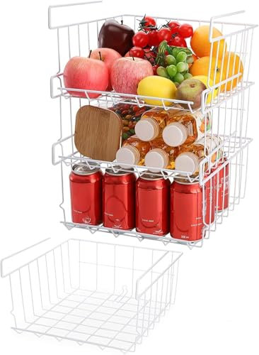 Kingrol Tebery 4 Stück Unterregalkörbe Unterregal Aufbewahrungskorb Unter Schrank Hängekorb Metall Stapelbarer Hängekorb für Küche, Bad, Schreibtisch, Bücherregal, 30x28x13cm, Weiße