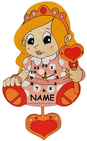 alles-meine.de GmbH Wanduhr - Uhr aus Holz - Prinzessin/Mädchen mit Herz incl. Name - Fast lautlos + ohne Ticken - 40 cm groß Uhr - Pendel abnehmbar - Analog - für Kinder Mädch..
