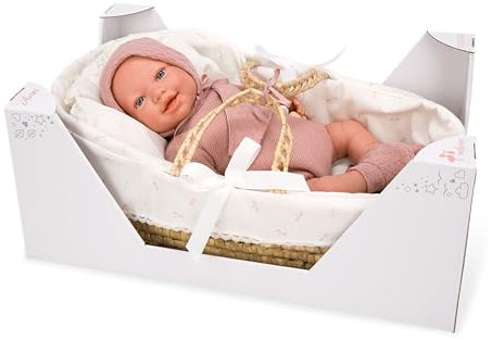 ARIAS Reborn Avana 45 cm Puppe mit Korbweide, realistisches Baby mit rosa Kleidung, Schnuller und Schnuller, Vinylspitzen und weichem Körper, Spielzeug für Jungen und Mädchen ab 3 Jahren (ARI98122)