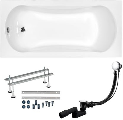 Baignoire BADLAND ARIA - En acrylique - Blanc - Rectangulaire - 130 x 70 cm - Kit complet avec pieds et bonde d'évacuation automatique exclusive chromée - Fabriqué en UE - 3 en 1