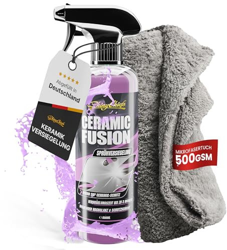 ShinyChiefs CERAMIC FUSION SET - Sprühversiegelung mit SiO2 Hybrid-Technologie, Langzeit Keramik Versiegelung für die Auto-Pflege, hydrophober Schutz mit Hochglanz-Effekt, 500ml mit Microfasertuch