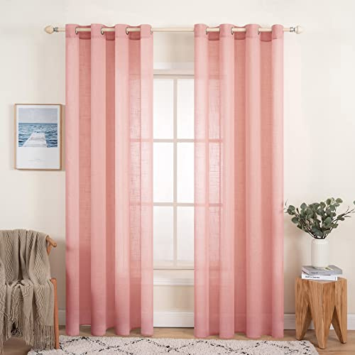 MIULEE 2er Set Voile Vorhang Sheer Leinenvorhang mit Ösen Transparente Leinen Optik Gardine Ösenschal Wohnzimmer Fensterschal Lichtdurchlässig Dekoschal Schlafzimmer 140x245cm (B x H) Rosa