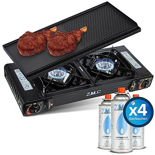 Z.M.C Fornello a gas da campeggio, 2 fuochi + piastra 45 x 24 cm + 4 cartucce di gas da 227 g, fornello da campeggio con dispositivo di sicurezza per esterni ed interni, balcone tavolo doppio fornello