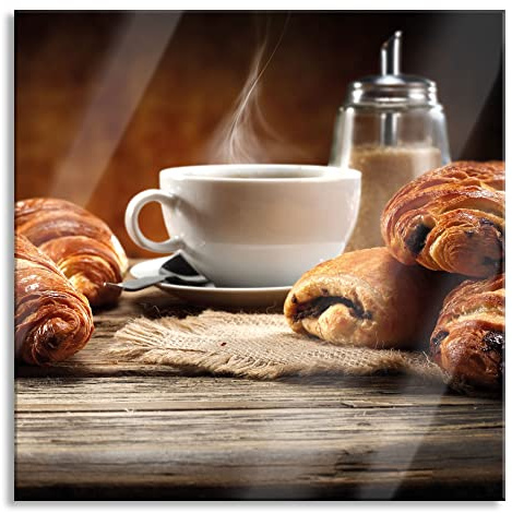 Pixxprint Glasbild, Wandbild auf Echtglas, Croissant zum Kaffee, 50x50 cm, inkl. Aufhängung und Abstandshalter
