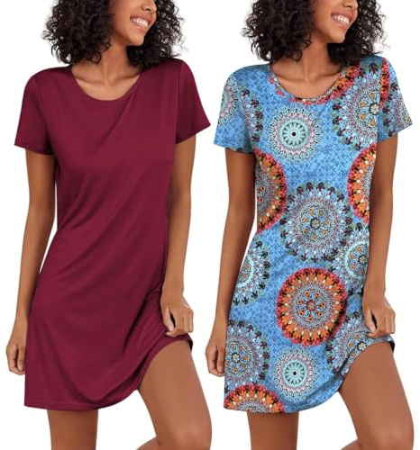 Ekouaer Nattlinne damer, tvådelad sovskjorta, kortärmade nattkläder, sovskjorta, lätt sovtröja, 2-pack, S–XXL, Vinröd + pat1, L