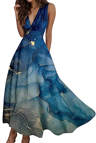 Abito estivo da donna con scollo a V profondo Formale senza maniche Abito lungo con chiusura lampo allentata Abiti Swing da donna Abiti estivi, Blu scuro, S