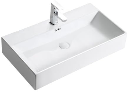 Lavabo en Céramique pour Salle de Bain - Vasque à Poser Rectangulaire 75 × 42 × 14 cm - Sans Vanne de Vidange Pop-up, Avec Trou de Trop-plein et Trou pour Robinet - Blanc