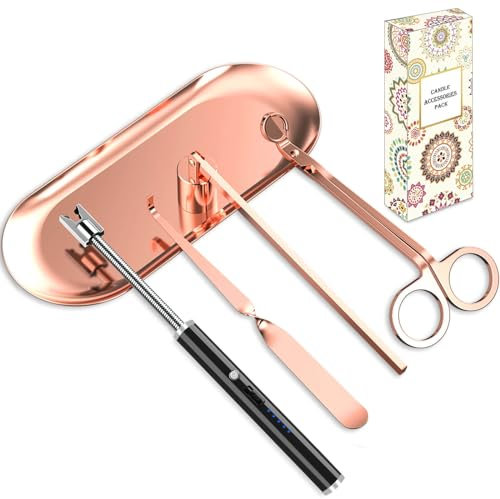 burtok 5 in 1 Kerzenpflegeset, Elegantes Kerzendocht-Trimmer-Set, Kerzenanzünder-Set, Kerzenlöscher, Kerzentablett, Kerzendochtlöffel, Kerzenzubehör Set für Kerzenliebhaber (Roségold)