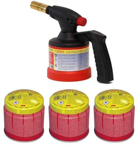 ROTHENBERGER Industrial Lötlampe Premium inkl. Piezo Zündung | löten | lötbrenner | bunsenbrenner | inkl. 3 C200 Supergas Stechgaskartusche