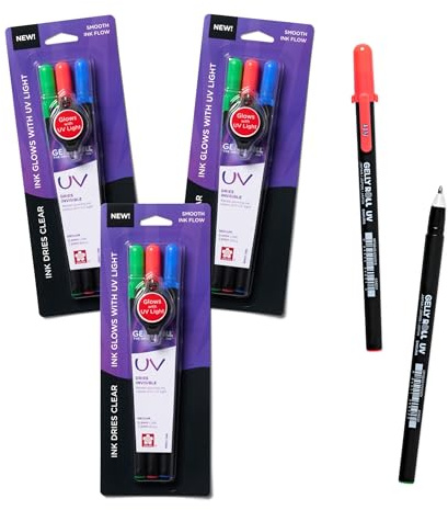SAKURA Gelly Roll UV Pen - UV Gel Invisible Ink - With Keychain Flashlight - For Art or Drawing - Red, Green & Blue - 9 Pens, 3 Lights