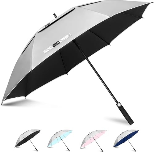 ZOMAKE UV Golf Umbrella for Sun Protection,Large Sun Umbrella Windproof and Rainproof Strong UPF 50+,Reflective Golfing Brolly 54In Unbreakable for Men Women (Silver/Black)