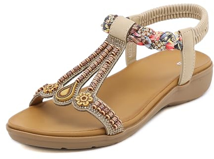 Women's Sandals Bohemia Summer Vintage Beach Flats Beaded Ankle Strappy Sandal Athletic Hiking Sandals Outdoor Walking Sandals
