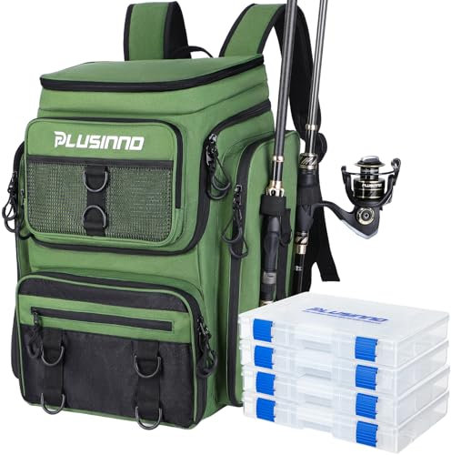 PLUSINNO Angelrucksack mit Rutenhaltern, 4 Köderboxen, 42 l, groß, wasserabweisend, Angelausrüstung, Angelausrüstung für Angeln, Camping, Wandern, Angeln, Geschenke für Männer, Vater, Grün