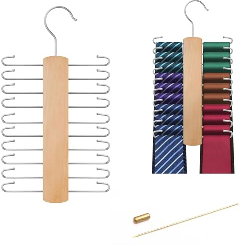 Portacravatte Girevoli, Appendicravatte, Appendino per Sciarpe, Portacravatte da Armadio, Portacinture con 20 Ganci, per Appendere Cinture, Cravatte, Sciarpe (Colore del Legno)