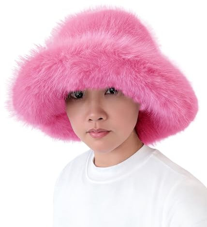 Lina & Lily Damen Winter Fischerhut aus Kunstpelz mit breiter Krempe (Rosa)