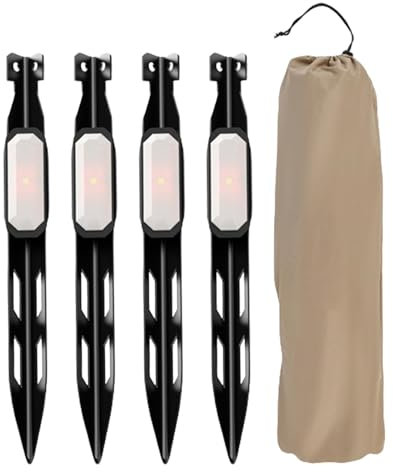 Campingheringe, Zeltheringe Metall, 4 Stück Zeltspikes mit LED-Licht, Zeltnägel für Wandern, Camping, Picknick, Unterstand, V-förmige Baldachinpfähle