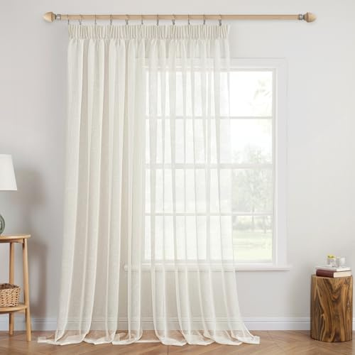MIULEE 1er Set Voile Vorhang Sheer Vorhang mit kräuselband Transparente Leinenoptik Gardinen Wohnzimmer Modern Fensterschal Schlafzimmer 300x245cm (B x H) Elfenbeinweiß
