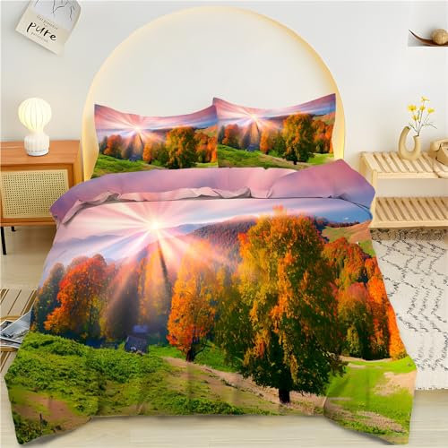 Qiwagu Bettwäsche 135x200 Sonnenscheinwald Bettbezug Set 135 x 200 cm, Weiche Atmungsaktiv Mikrofaser Reversibel Bettwäsche-Sets mit Reißverschluss, 2 Kissenbezug 80x80 cm