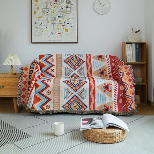 AMWAN Beige Cozy Sofa Cover with Red Orange Boho Geometric Pattern for Living Room Cotton Crochet Sofa-Bed Durable Colorful Couch Cover 3 Cushion Sofa for Sectional Sofa with Tassel 71x134