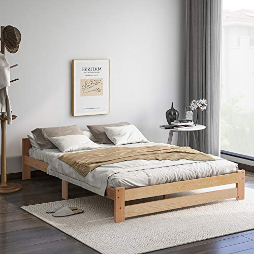 Solide Massivholzbett Futonbett Massivholz Natur Bett aus mit Kopfteil und Lattenrost, Natur (200x140cm)