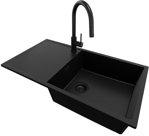 PRIMAGRAN Fregadero Granito al Mueble 60cm + Grifo, 90x50cm | Set: Grifo BW9010 + Kit de desagüe (sifón, válvula, rebosadero) + Ibiza 1 Seno para Cocina, Todo Negro