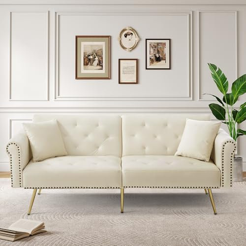 Azkoeesy Elegantes 2-Sitzer Schlafsofa, mit Samtbezug, 178 cm Sofa Bed mit 3-stufige Verstellung, Goldene Metallbeine, 2 Kissen, Nietenverzierung (Beige)