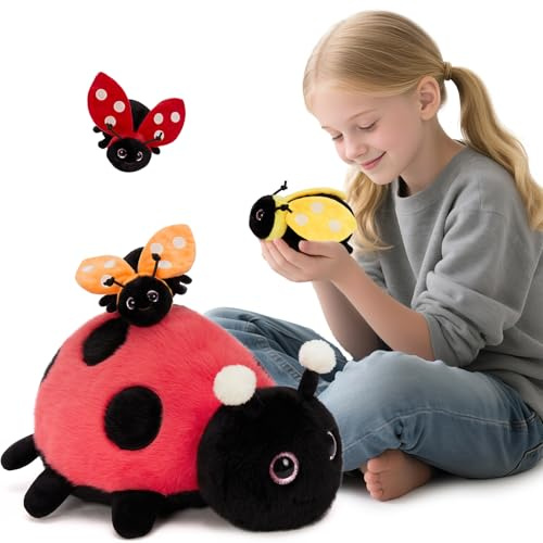 MorisMos 4 stücke Marienkäfer Plüschtier Set, 40cm groß Marienkäfer Kuscheltier XXL mit 3 Babys im Bauch, Ladybird Ladybug in der Nacht leuchten Geburtstag Weihnachten Geschenk für Jungen Kinder