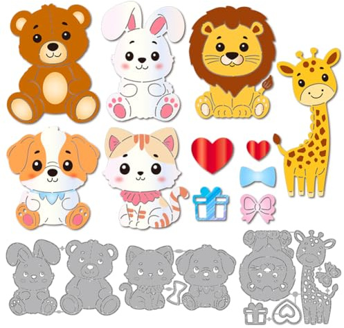MAYJOYDIY Cute Animal Metal Cutting Dies Rabbit Puppy Die Cuts Bear Cat Dog Embossing Template Lion Giraffe Carbon Steel Stencils for Card Making Scrapbooking Album Handbook Gift Decoration