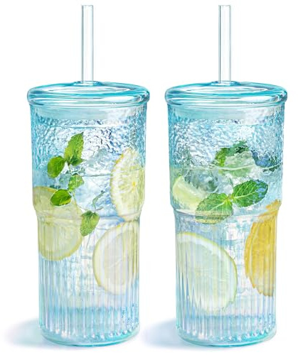 Puraville 2 Pack 600ml Glass Gups with lids and Straws, Shimmering Blue
