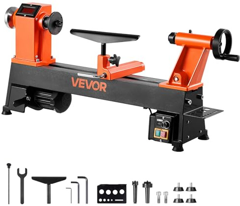 VEVOR Wood Lathe, 6Amp 1 HP Benchtop Wood Lathe Machine with 150 to 3800 RPM Variable Speed 12 x 18 Workbench Brushless DC Motor Cast Iron Construction for Beginners DIY Enthusiasts Woodworking