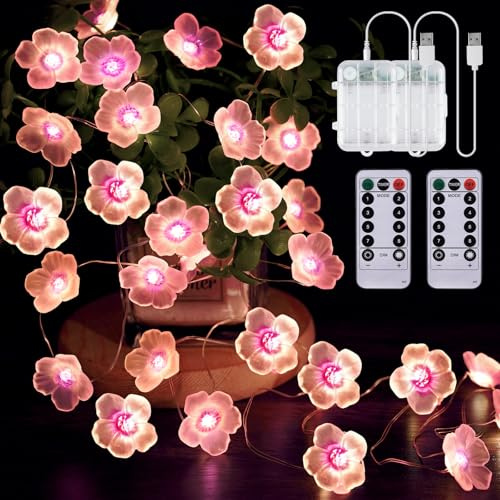 LED Lichterkette Kirschblüten Rosa, 5M 50 LEDs Lichterkette Blumen Girlande mit Timer, 2 Stück Lichterkette innen Batterie & USB für Geschenke,Schlafzimmer, Kinderzimmer Mädchen, Bücherregal, Hochzeit
