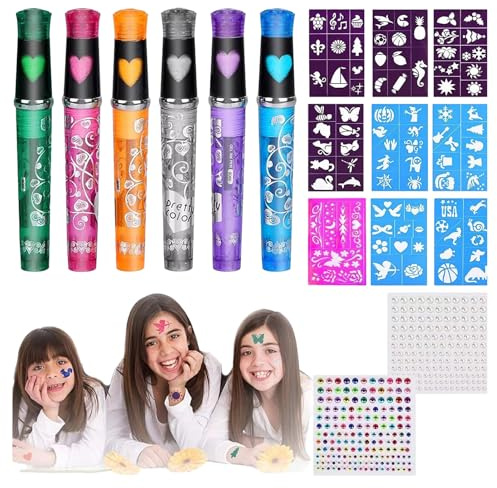 Pennarelli per pittura per il viso, Penne per pittura per il viso - Pastelli per e corpo a 6 colori a base d'acqua con 9 stencil | Kit di per trucco fantasia lavabile, sicuro per