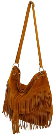AKOOSY Bolso Bandolera Borlas y Flecos Tipo Cubo para Mujer Marrón Mediano Cordón Ajustable para Uso Diario y Eventos Casuales