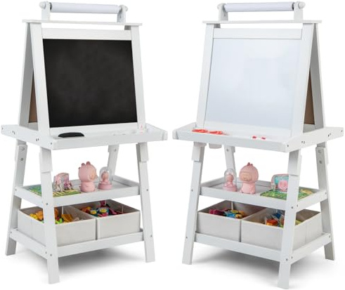 HOMASIS Kindertafel mit doppelseitiger Staffelei, Staffelei für Kinder aus Holz mit Papierrolle, 2 Behältern und 2 Ablagen, Lernspielzeug ab 3 Jahren (weiß)