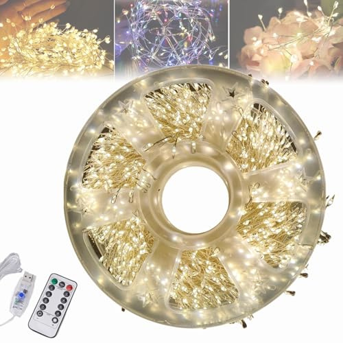 Kupferdraht-Knaller-Lichterkette, 3/6/9/15 m LED Lichterkette für Weihnachtsbaum, Wasserdichte Weihnachts-Kupferdraht-Lichter kette für Weihnachtsdeko (Warmweiß,15m-400 Lights-USB+Fernbedienung)