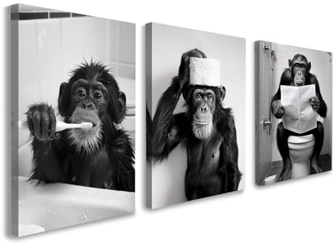Set of 3 Bathroom Wall Art, Funny Monkey Canvas Wall Decor, Black and White Animal Artwork for Bathroom, Toilet or Powder Room, Humorous Pictures and Prints with Hooks and Magic Tape, 12x16 Inch