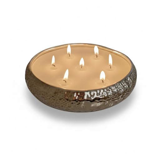 Aeolian 7 Wick Vanilla Scented Candle in Hammered Champagne Bowl (20cm) - Luxurious Soy Wax Table Centrepiece, Perfect Home Decoration Gift, Elegant Interiors by Rowen Homes (Bronze)