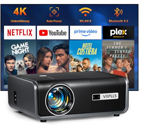 Smart Beamer 4k [Offiziell Netflix & Dolby Audio] VOPLLS Autofokus/Trapezkorrektur 30000 Lumen Projektor, WiFi6 Bluetooth Full HD 1080P Beamer Heimkino/Outdoor für Handy/PC