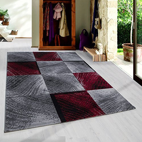 HomebyHome Teppich 160x230 cm Schwarz Rot Kurzflor Abstrakt Karo Design Moderner Teppich für Wohnzimmer Schlafzimmer Flur Küche Esszimmer Kinderzimmer Pflegeleicht Weich