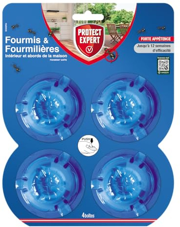 PROTECT EXPERT 4 Boîtes Appâts Anti-Fourmis & Fourmilières - 4x2g | Effets Visibles Dès La 1ère Semaine - Action 12 Semaines - Efficace Intérieur & Abords Maison - FBOIT4N