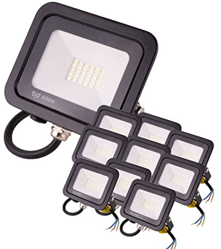 Popp® Floodlight LED Foco Proyector LED para Exterior Negro 20W, luz fría 6000K, Eficiencia Luminosa 85LM/W, Protección contra Sobrevoltajes, Resistente al Agua IP65(20W 6000K 10 unidad)