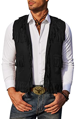 COOFANDY Men's Western Cowboy Vest Casual Fringe Hippie Costume V Neck Zipper Suede Leather Waistcoat, Black, XL