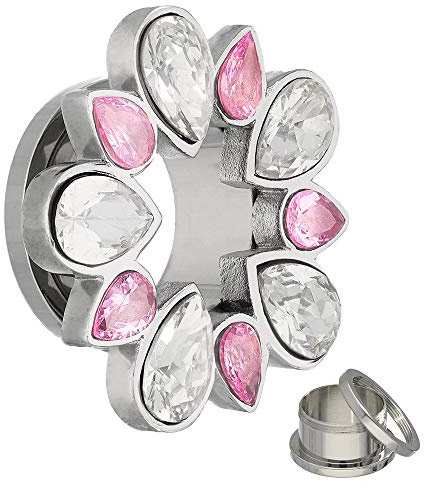 Treuheld | KRISTALL Flesh Tunnel - TROPFEN/Blüten - Silber Pink- 6 Größen: 6-16mm - verzierter Rand - zum Schrauben/schraubbar mit Gewinde - Edel-Stahl Piercing Ohr-Plug aus Chirurgen-Stahl 316L