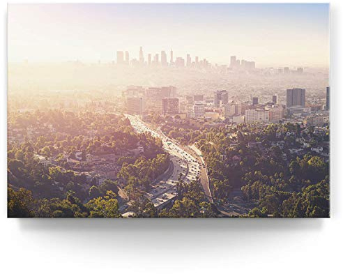 BilderKing Wandbild Skyline Los Angeles Panoramaview - 150cm x 100cm Leinwand auf 4cm Keilrahmen