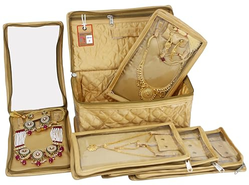 atorakushon Set of 5 Satin Makeup Pouches Cosmetic Necklace Earrings Vanity Jewellery Organizer For Women's (Golden)