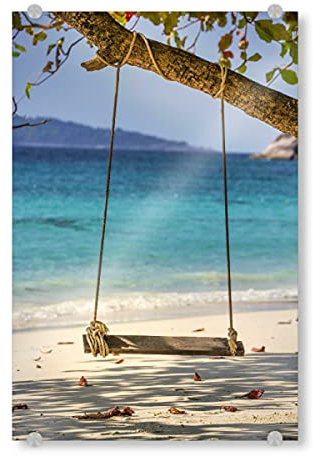 artboxONE Acrylglasbild 60x40 cm Reise/Strand und Meer Holzschaukel am Strand - Bild blau blau entspannung